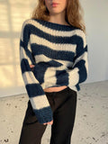 Chicmy-nye outfits Casual Knit Striped Sweaters Women Off Shoulder Loose Long Sleeve O-neck Pullover Tops 2025 Autumn Lady High Street Jumper New