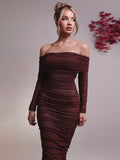 Chicmy Off-shoulder Long Sleeve Sexy Maxi Dress For Women Autumn New Strapless Backless Bodycon Ruched Party Long Dress-Christmas Outfit