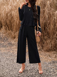 ChicMy-Fall Outfits - Women's Fall 2Piece Set Solid Ruffle Blouse Top and Wide Leg Long Pant