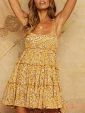 Chicmy-Mustard Yellow Floral Tie Shoulder Ruffle Dress With Frills at bottom