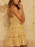 Chicmy-Mustard Yellow Floral Tie Shoulder Ruffle Dress With Frills at bottom