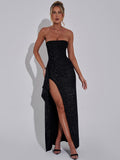 Chicmy Sparkle Off-shoulder Sexy Maxi Dress For Women Strapless Backless Sleeveless Thigh High Slit Evening Long Dress Elegant-Christmas Outfit