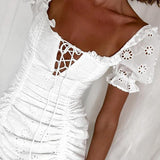 Chicmy-Frill White Cotton Eyelet Shirred Criss Cross Ruffle Hem Dress