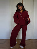 Chicmy-nye outfits Autumn Knit Burgundy Women's Pants Sets Lapel Sweater Jumper Loose Wide Leg Trousers 2 Pieces Lady New in All-matching Outfits