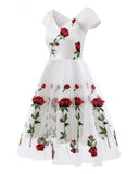 Chicmy-new fashion trend Rose Floral Embroidered V-Neck Elegant Party Pleated Mesh Overlay Vintage  Dresses