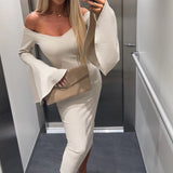 Chicmy-New Elegant Slash Neck Slim Wrap Hip Dress Spring Flare Sleeve Office A-line Dress Casual Ladies Off Shoulder Split Long Dresses