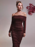 Chicmy Off-shoulder Long Sleeve Sexy Maxi Dress For Women Autumn New Strapless Backless Bodycon Ruched Party Long Dress-Christmas Outfit