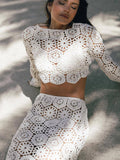 Chicmy-nye outfits Knitted Crocheted Hollow Out Skirt Set 2 Pieces Women Long Flare Sleeve O-neck Crop Tops Hip Package Skirts Beach Lady Outfit