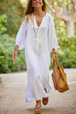 Chicmy-new fashion trend Solid Linen Blend Casual V Neck Balloon Sleeve Maxi Dress