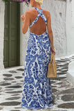 Chicmy-new fashion trend Greek Island Printed Cross Back Halter Flowy Maxi Dress