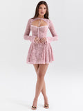 Chicmy Lace Flare Long Sleeve Sexy Mini Dress For Women Robe Autumn New Pink O Neck A-line High Waist Pleated Dress Elegant-Christmas Outfit