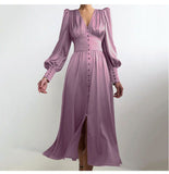 Chicmy-Glossy Retro Button Lantern Sleeve Satin Flowy Nye Midi Dress