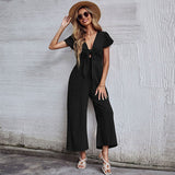 CHICMY- Solid Tie Front Wide Leg Jumpsuit Women Sex Jumpsuit