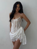 Chicmy Lace Strapless Ruched Sexy Mini Dress For Women Fashion Fishbone Off-shoulder Sleeveless Backless Club Party Dress-Christmas Outfit