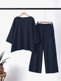 CHICMY- Women's Vintage Cotton Linen 2Piece Set Irregular Solid Top and Wide Leg Pant