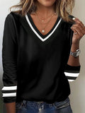 Chicmy- Black and white contrasting V-neck long sleeved casual T-shirt