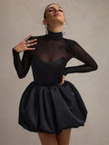 Chicmy Turtleneck Sheer Long Sleeve Sexy Mini Dress For Women Black See Through High Waist A-line Club Party Dress Elegant-Christmas Outfit