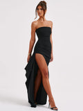 Chicmy Strapless Backless High Split Maxi Dress For Women Black Off-shoulder Sleeveless Bodycon Club Party Long Dress Clothes-Christmas Outfit