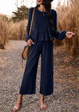 ChicMy-Fall Outfits - Women's Fall 2Piece Set Solid Ruffle Blouse Top and Wide Leg Long Pant