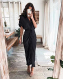 Chicmy-new fashion trend Commuter Tie Lapel Fashion Forged Long Shirt Maxi Dresses