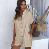 CHICMY- Women Summer Jumpsuit Solid Color Lapel Shirt Button Workwear Jumpsuit Casual High Waist Straight Pants