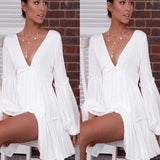 Chicmy-Casual Ruffle Trimmed Long Puff Sleeve V Cut Out Back V Neck Dress