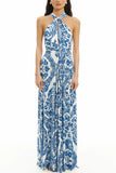 Chicmy-new fashion trend Greek Island Printed Cross Back Halter Flowy Maxi Dress