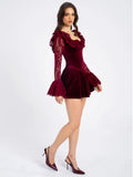 Chicmy Lace Flare Long Sleeve Sexy Mini Dress For Women Elegant Burgundy Lace-up Square Collar Backless Club Party Dress-Christmas Outfit