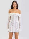 Chicmy Off-shoulder Lace Sexy Mini Dress For Women White Strapless Long Sleeve Backless Bodycon Club Party Sexy Dress Elegant-Christmas Outfit