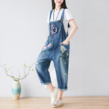 CHICMY- Women's Retro Embroidery Floral Denim Jumpsuit Overall Loose Workwear Jumpsuit for Street School