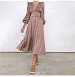 Chicmy-Glossy Retro Button Lantern Sleeve Satin Flowy Nye Midi Dress