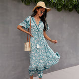 Chicmy-new fashion trend Spring New Bohemian Floral Dress Women Flare Sleeve Casual V Neck Tassel Bandage Print Dress Ladies Holiday Style Summer Dresses