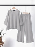 CHICMY- Women's Vintage Cotton Linen 2Piece Set Irregular Solid Top and Wide Leg Pant