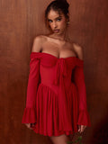 Chicmy Elegant Strapless Backless Sexy Mini Dress For Women Red Off-shoulder Long Flare Sleeve Pleated Club Party Dress 2024-Christmas Outfit