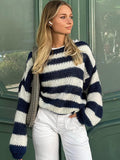 Chicmy-nye outfits Casual Knit Striped Sweaters Women Off Shoulder Loose Long Sleeve O-neck Pullover Tops 2025 Autumn Lady High Street Jumper New