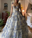 Chicmy-Hydrangea Provencal Blue Floral Maxi Tie Strap Fairy Dress