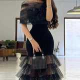 Chicmy-Sexy Mesh Sequin Stitching Evening Dress Women Elegant Off Shoulder Mermaid Dress Fashion Hight Waist Pleat Slim Fit Long Dress