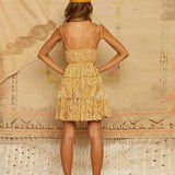 Chicmy-Mustard Yellow Floral Tie Shoulder Ruffle Dress With Frills at bottom