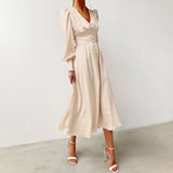 Chicmy-Glossy Retro Button Lantern Sleeve Satin Flowy Nye Midi Dress