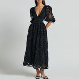 Chicmy-2025 Causal Half Sleeves Solid Party Dress Elegant Deep V-neck Hollow Out Long Dress Women Sexy Lace Embroidery Holiday Dresses