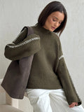 Chicmy-nye outfits Casual Knitted Contrast Pullovers Sweater Women Loose Turtleneck Long Sleeve Baggy Jumper 2025 Autumn Lady All-match Knitwear