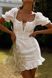 Chicmy-Frill White Cotton Eyelet Shirred Criss Cross Ruffle Hem Dress