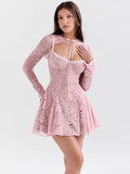 Chicmy Lace Flare Long Sleeve Sexy Mini Dress For Women Robe Autumn New Pink O Neck A-line High Waist Pleated Dress Elegant-Christmas Outfit