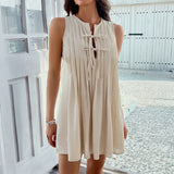 Chicmy- Women's Vacation Style Solid Color Lace-up Pleated Sleeveless Mini Dress