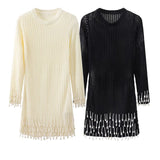 Chicmy-Luxury Semi Mesh Knit Dress With Faux Pearl Beads Fringe