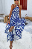 Chicmy-new fashion trend Greek Island Printed Cross Back Halter Flowy Maxi Dress