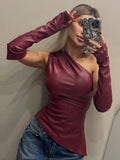 Chicmy-nye outfits Women Y2K PU Leather Simple Tank Top Asymmetrical Ruched Skinny Skew Collar With Gloves Blouses 2025 New Fashion Streetwear