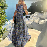 Chicmy-new fashion trend Fashion Sexy Halter Print Pleated Long Dress Women Sweet O Neck Beach Maxi Dress