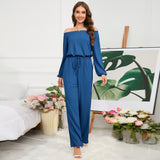 CHICMY- Women's off Shoulder Jumpsuit Overall Solid Tie Waist Straight Jumpsuit