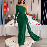 Chicmy-Elegant Off Shoulder Asymmetrical Evening Dress  Women Fashion High Waist Slim Solid Long Dress Sexy Hollow Pleated Party Dress